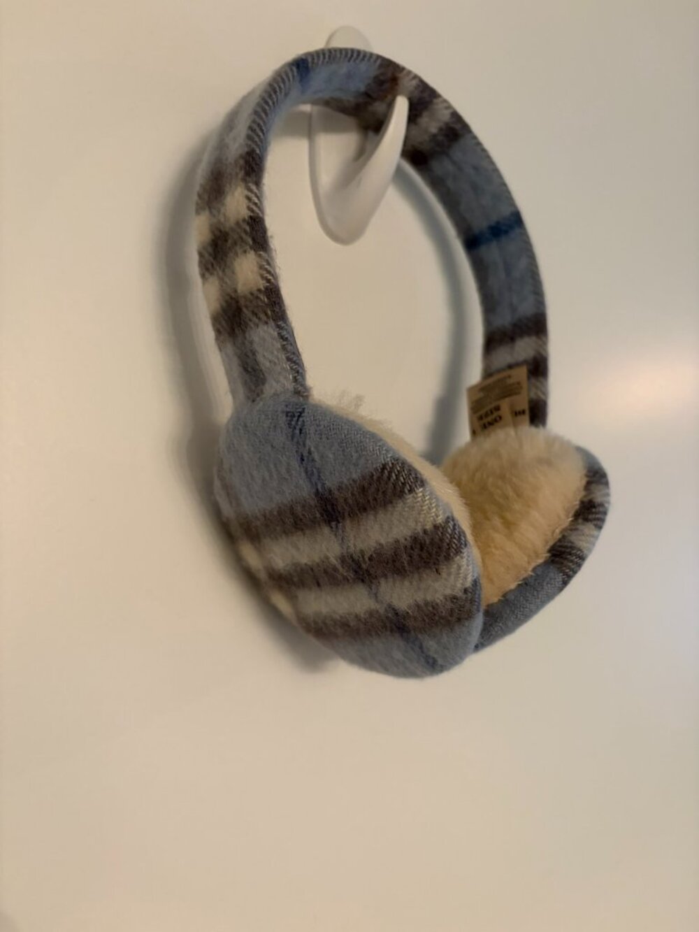 Burberry London 100% Cashmere Shearling Earmuffs Blue Nova Check Plaid OS